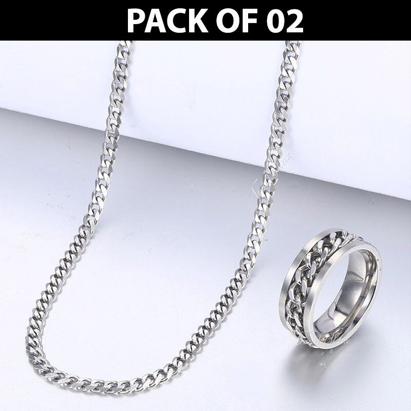 Pack of 2 High Quality Pure Silver Stainless Steel Thin Cuban Chain with bracelet For Men