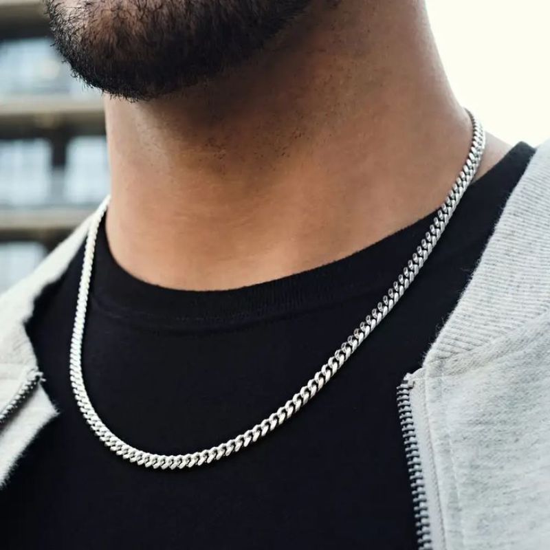 High Quality Pure Silver Stainless Steel Italian Thin Cuban Chain For Men