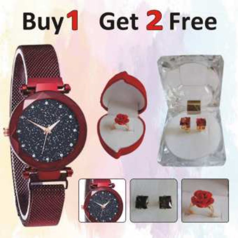 Pack of 3 Gifts, Female Magnet Mesh Luxury Watch + Rose Ring + 1 Pair of Earrings / Studs, Suitable for Eid Gift, Birthday, Engagement, Wedding, Graduation, Valentine etc