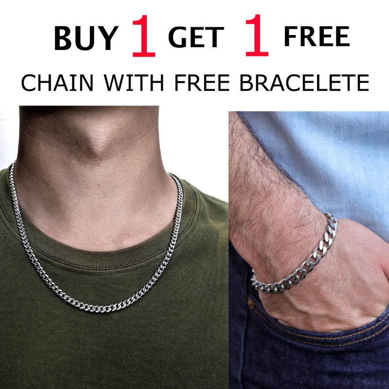 Pack of 2 Silver Stainless Steel Cuban Link Neck Chain and Wrist Bracelet Band for Men / Boys