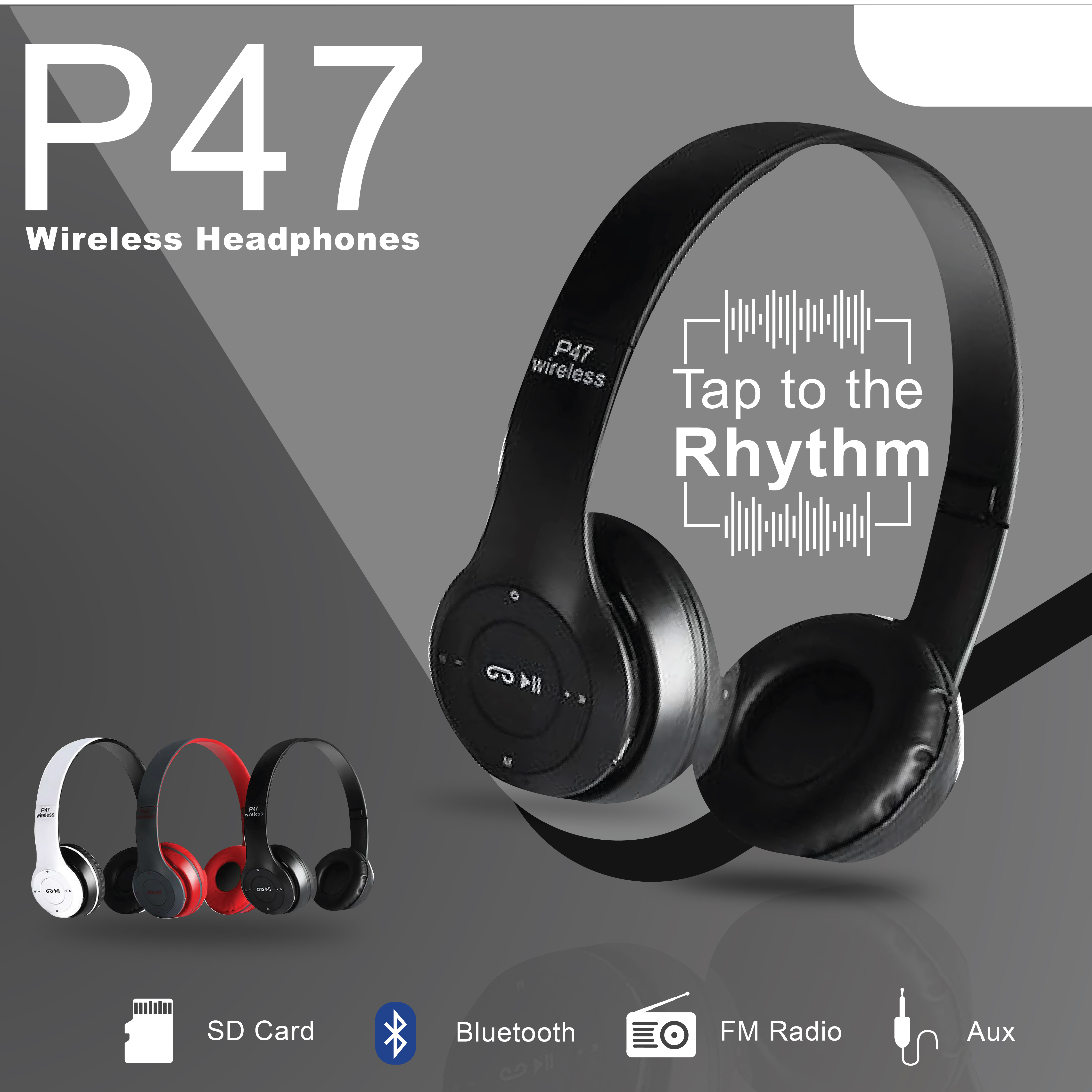 Wireless Headphones, P47 Bluetooth Wireless Headphones, Stereo Headphones with Mic, Foldable Headset with Built-in Microphone, Wireless Earphones, 5.0+EDR Technology, Supports TF Card / FM Radio, Compatible with PC, TV, Smart Phones & Tablets