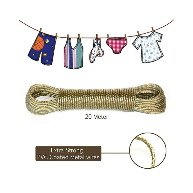 Heavy Duty Wet Cloth Laundry Rope PVC Coated Metal Cloth Drying 20 Meter Wire