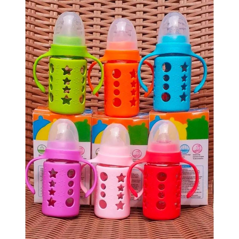 Shargeel & CO High Quality Baby Glass Feeder Bottle with Handle and Silicone Cover in 120ml