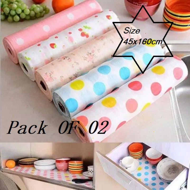(Pack of 2 Roll) - 45 X 160 Cm Waterproof Printed Table Sheet Kitchen Table Sheets Cabinet Sheet Kitchen Cabinet Sheets Waterproof Printed Fridge Mats Refrigerator Liners Washable Cabinet Pad Fridge Liners Refrigerator Pads Fridge Pad Mats - Multicolor