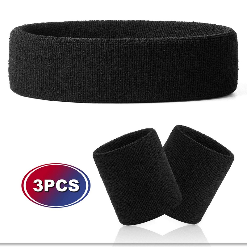 Sweatband Set 1 Terry Cotton Headband and 2 Wristbands Pack Black