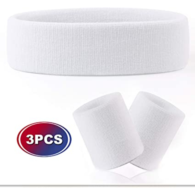 Sweatband Set 1 Terry Cotton Headband and 2 Wristbands Pack White