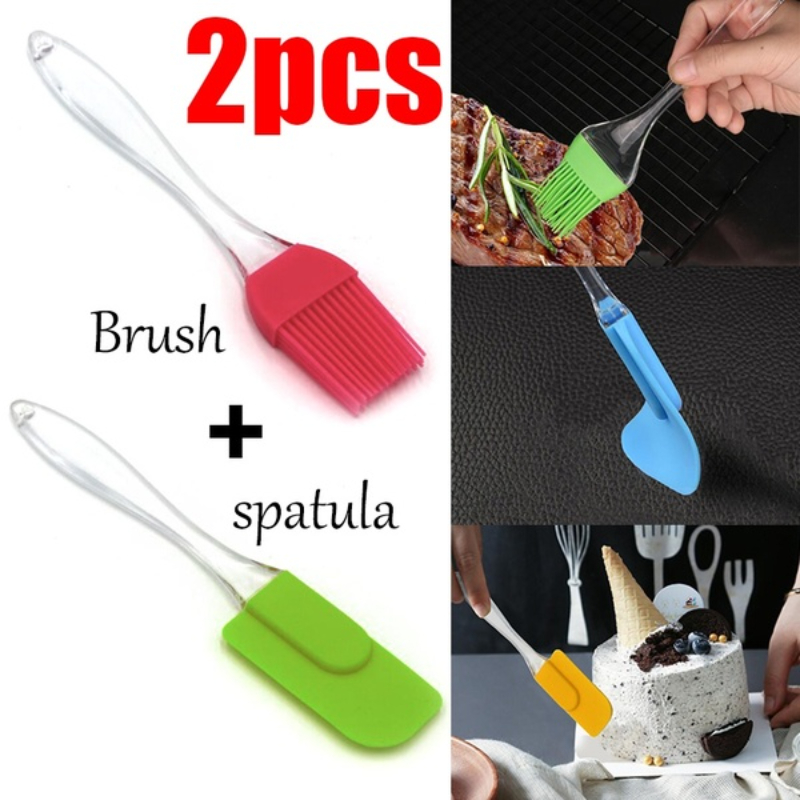 2 pc Set--Silicone Spatula & Silicone Oil Brush w/ Clear Plastic Handles. Colorful Cake Spatula and BBQ Oil Brush