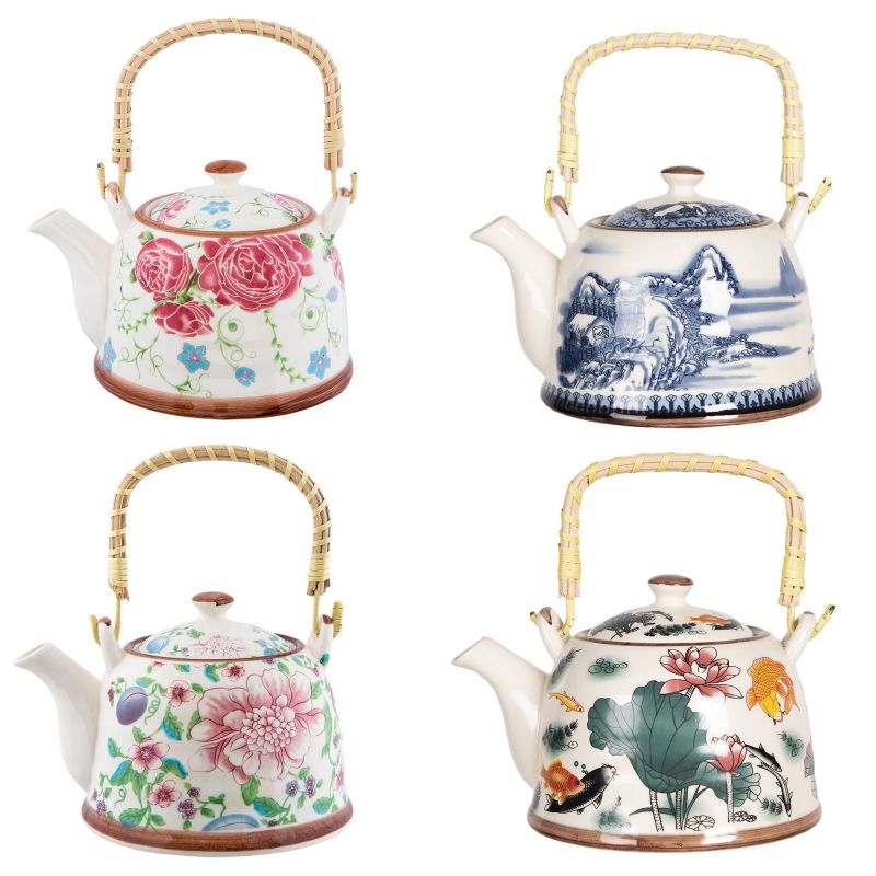 Random Design - Multicolored Ceramic Teapot With Rattan Handle, Porcelain Tea Kettle