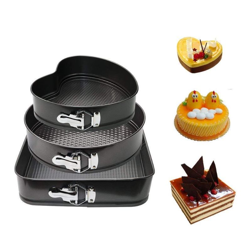 Set of 3 - Non-Stick Different Shapes Cake Pans With Removable Bottom Tray, Round Cake Pan, Heart Cake Pan, Square Cake Pan, 3pcs Set 3-Tier Cake Pan