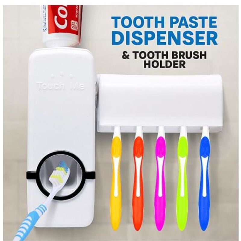 Automatic Toothpaste Dispenser with Toothbrush Holder - White, Wall Mounted Toothpaste Dispenser