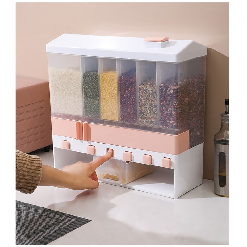 Wall-Mounted Button Funnel Design Dry Food Dispenser With 2 Extra Storage Containers, Sealed Grains Storage Dispenser Rice & Beans Dispenser, 6 Grids Press Out Grain Canister Distributor Convenient Storage Dual Control Sub Grid Cereals Dispenser