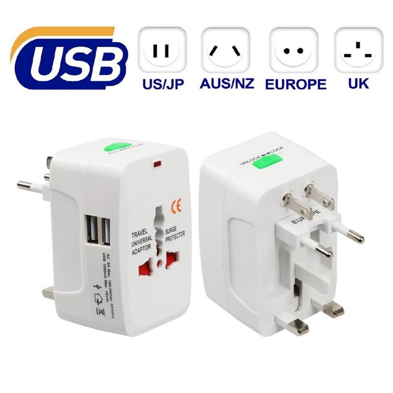 Surge Protector All in One Universal Worldwide Travel Wall Charger Adapter AC Power AU UK US EU Conversion Plug Adaptor With 2 USB Charging Ports