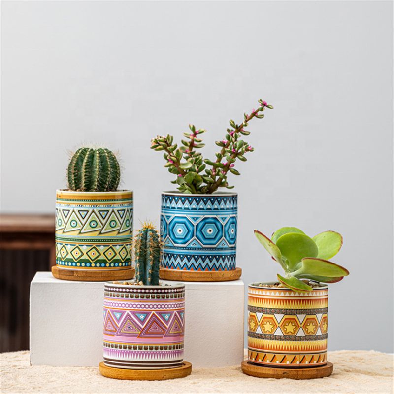 Pack of 4 - Cylindrical Succulent Planters Mandala Pattern Planter Mini Ceramic Flowerpot with Bamboo Tray, Tiny Plant Pots for Cactus with Drainage Hole & Bamboo Tray