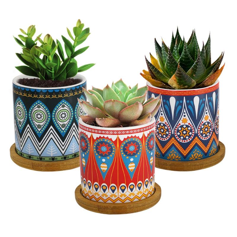 Pack of 3 - Cylindrical Succulent Planters Mandala Pattern Planter Mini Ceramic Flowerpot with Bamboo Tray, Tiny Plant Pots for Cactus with Drainage Hole & Bamboo Tray