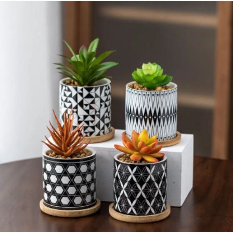 Pack of 4 - Cylindrical Succulent Planters Mandala Pattern Planter Mini Ceramic Flowerpot with Bamboo Tray, Tiny Plant Pots for Cactus with Drainage Hole & Bamboo Tray
