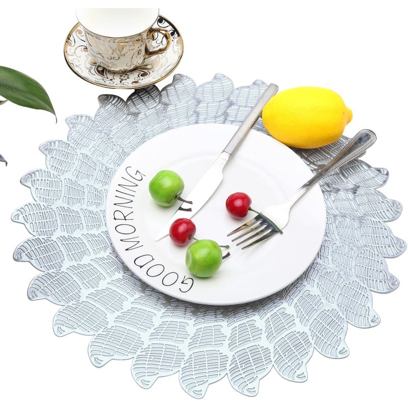 Pack of 6 - Round Placemat for Dining Table, Round Glazy Table Toppie, Glazy Table Mat, Washable Non-Slip Hollow Cut Out Pattern Placemat