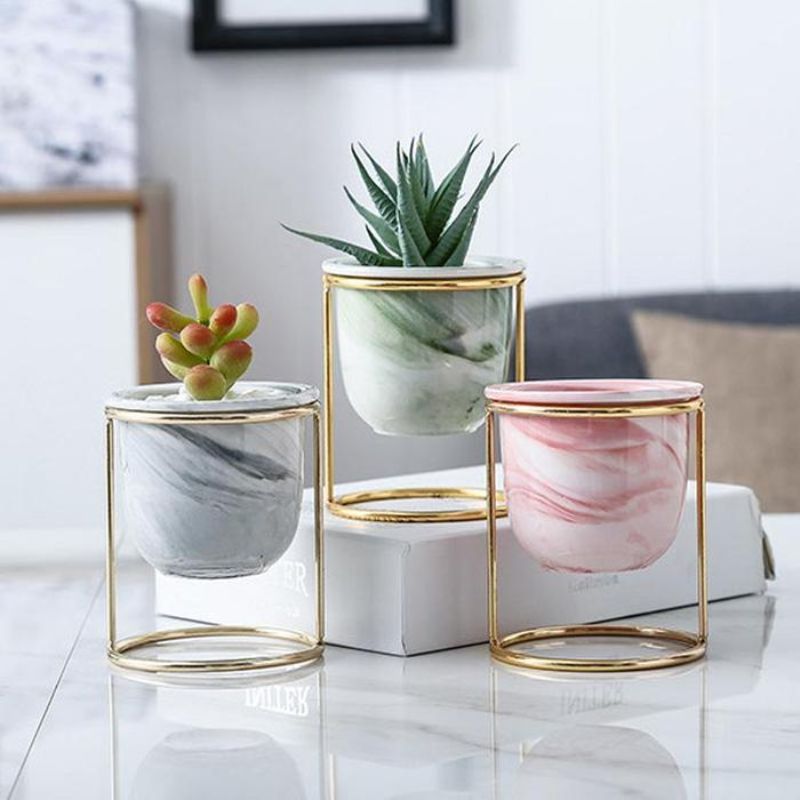 Random Design Mini Marble Pattern Ceramic Pot With Metal Stand, Marble Pattern Print Planter and Stand, Indoor Plant Stand With Ceramic Pot, Ceramic Succulent Planter Pot with Brass Metal Display Stand