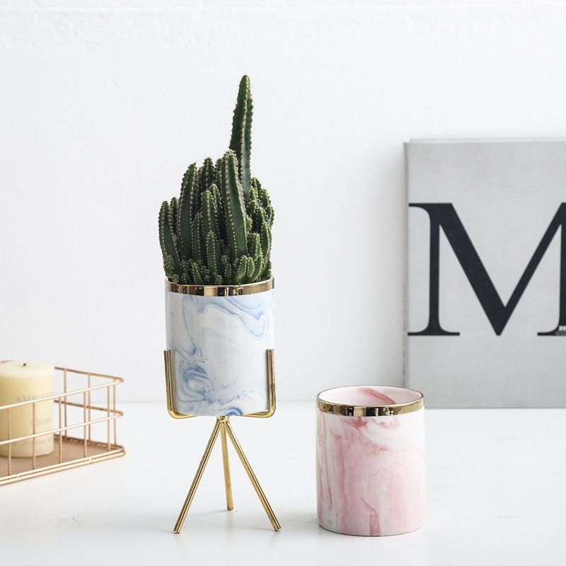 Random Design Mini Ceramic Pot With Metal Stand, Print Planter and Stand, Indoor Plant Stand With Ceramic Pot, Ceramic Succulent Planter Pot with Brass Metal Display Stand, Ceramic Pot Wit Tripod Stand