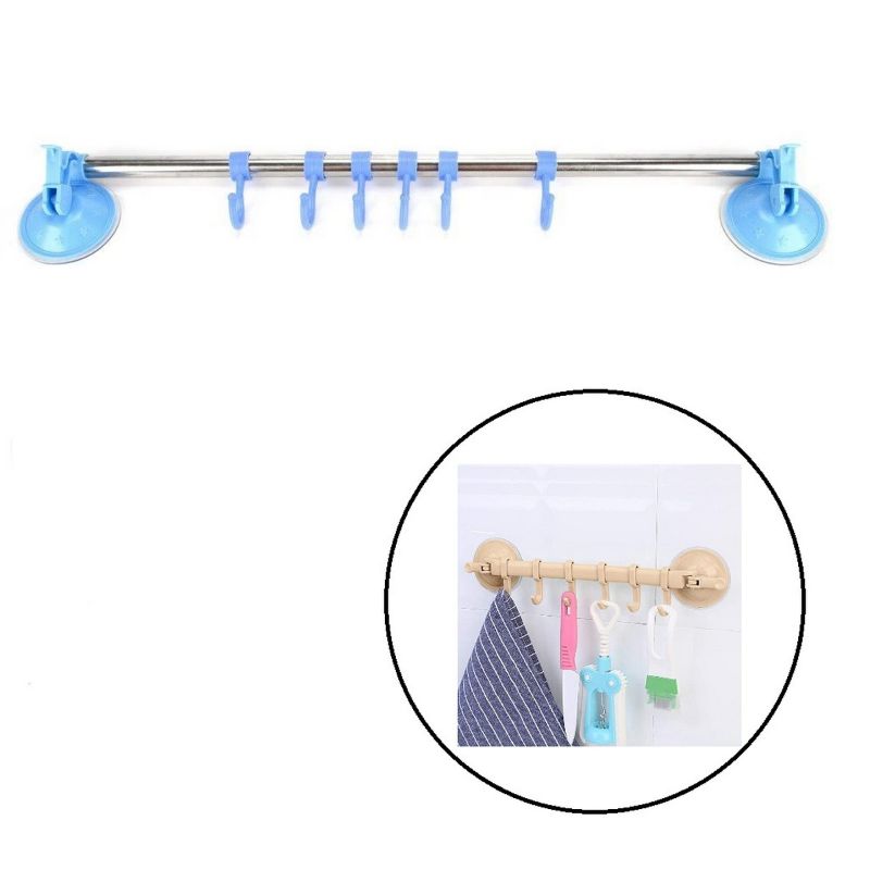 Wall Mounted Stainless Steel Suction Cup 6 Hooks Hanger For Kitchen, Bathroom & Bedroom - Assorted Color