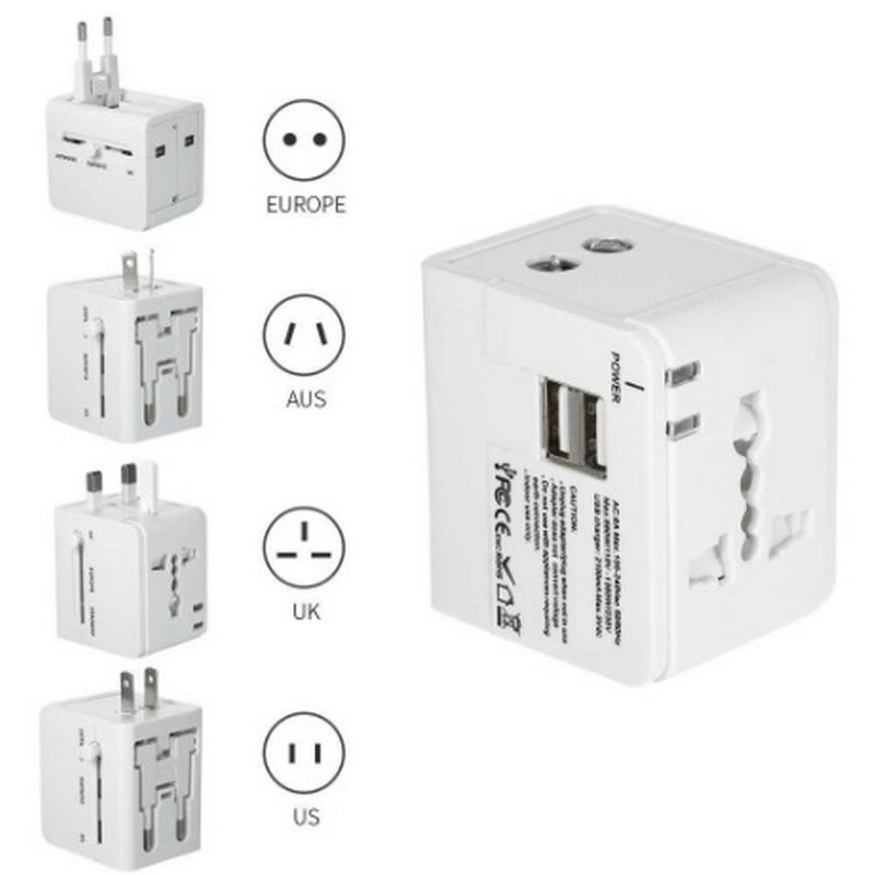 Travel Adapter, Worldwide All in One Universal Adapter ,International Power Adapter Universal Charger with 2 USB Ports, US UK AU European Plug Adapter for Over 150 Countries, White