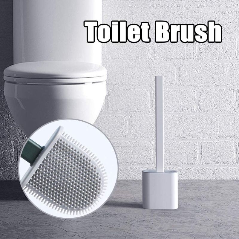 Self Adhesive Wall Mounted Flexible Long Handle Silicone Toilet Brush with Toilet Brush Holder, No Drilling No Punch Toilet Cleaning Brush - Grey