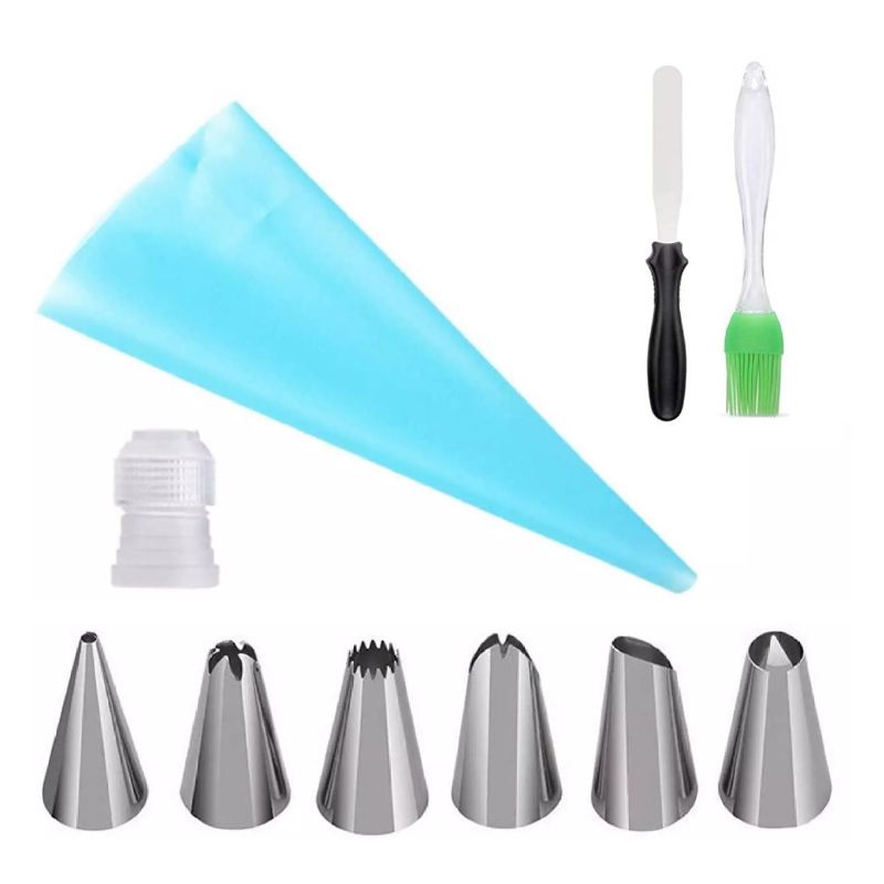 10 Piece's Cake Decorating Kit - 6 Stainless Steel Nozzles With Reusable Piping Bag, Coupler, Cake Scrapping Knife & Mini Oil Brush Kit