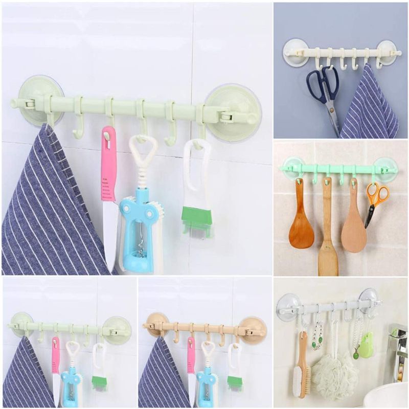 Wall Mounted Plastic Suction Cup 6 Hooks Hanger For Kitchen, Bathroom & Bedroom - Assorted Color, 6 Hooks Bathroom Kitchen Wall Suction Vacuum Hanging Hanger, Suction Cup 6 Hooks Super Power Vacuum Suckker Stand
