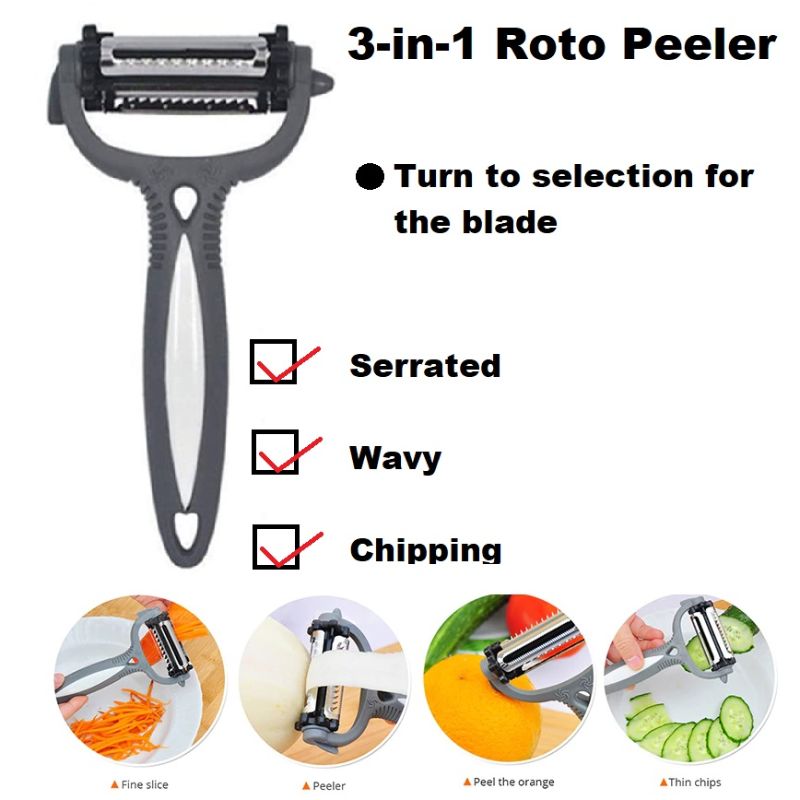 3 in 1 Roto Vegetable Peeler Multifunctional 360 Degree Rotary Kitchen Tool Vegetable Fruit Potato Carrot Peeler Grater Turnip Cutter Slicer Melon Gadget