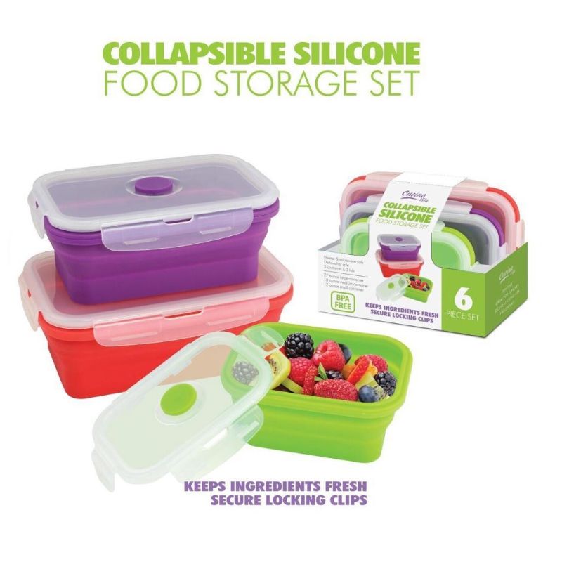 Set of 3 - Collapsible Silicone Food Storage Containers with BPA Free Airtight Plastic Lids, Silicone Stacker Foldable Food Storage Box