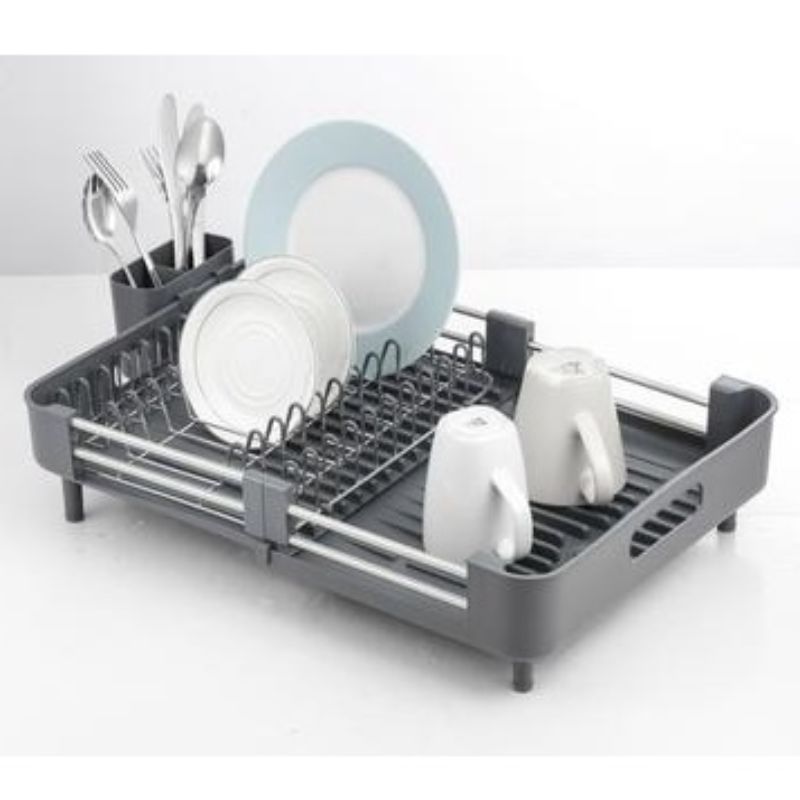Extend Expandable Dish Drying Rack and Drainboard Set Foldaway Integrated Spout Drainer Rack, Extendable Dual Part Dish Rack Non-Scratch and Movable Cutlery Drainer and Drainage Spout