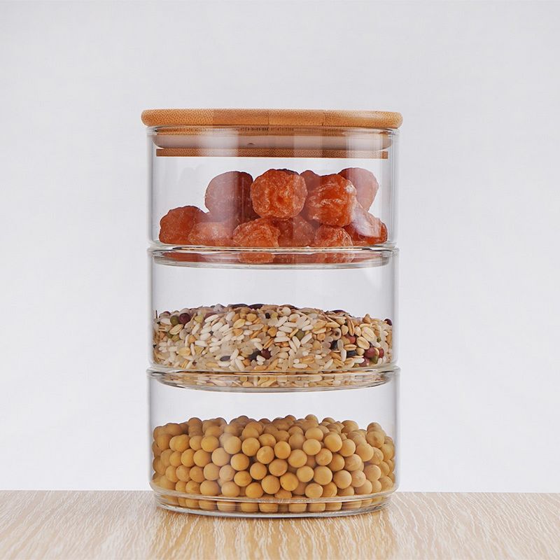 3 Tower Glass Kitchen Jar With Wooden Bamboo Lid , 3-Tier Stackable Glass Apothecary Jar With Bamboo Lid, 3 Stack Bamboo Lid Jar, 3 Layer Kitchen Food Glass Storage Jar