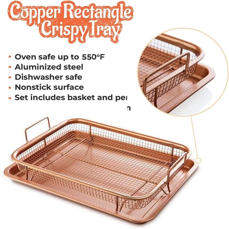 Nonstick Copper Crisper Tray and Basket, Oven Air Fryer, 2-Pieces Nonstick Oven Air Fryer Tray and Mesh Basket Set, Non Stick Mesh Oil Filter Grill Crisper Baking Sheet Square Pan