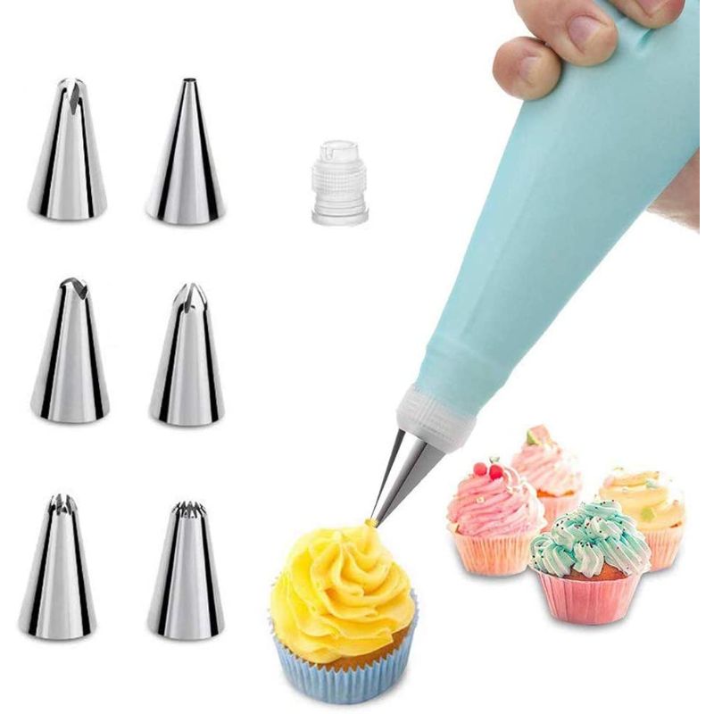 8 Piece's Cake Decorating Kit - 6 Stainless Steel Nozzles With Reusable Piping Bag & 1 Coupler, Cupcake Icing Tips with Pastry Bag for Baking Decorating Cake