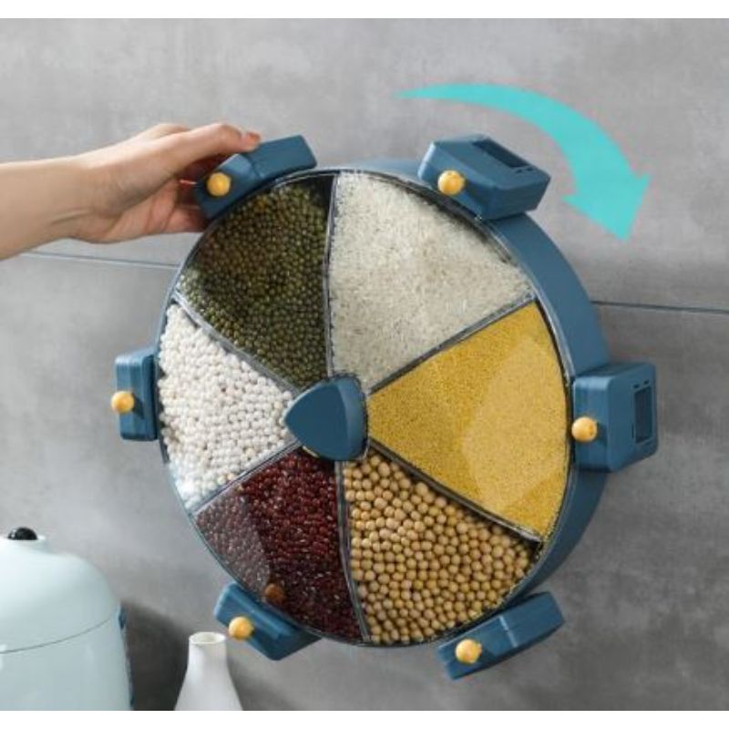 360 Degree Rotary 6-Grids Button Design Wall Mounted Cart Wheel Cereal Dispenser Dry Food Dispenser, 360� Rotating Cereal Dispenser, 6-Grid Rotating Rice Storage Container, Rice Dispenser with Measuring Cup Dry Grain Food Storage Box