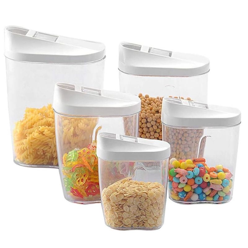 Set of 5 - Clear Plastic Food Storage Box With Pour Lids, Container Set, Kitchen Food Sealed Snacks Dried Fruit Grains Tank Storage Cereal Box Cereal Grains Storage Jars With Lids
