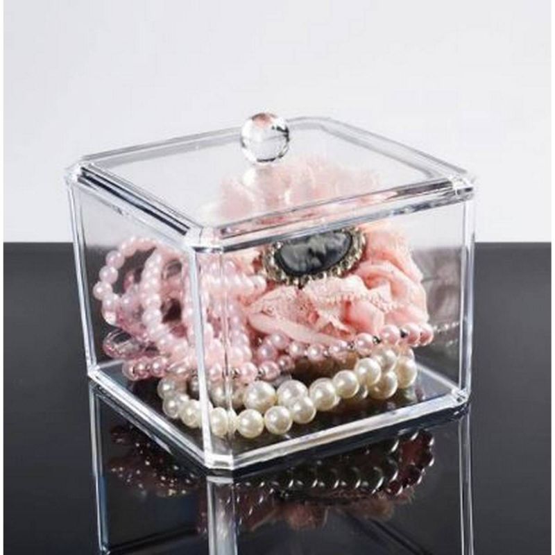 Transparent Multi-Purposed Acrylic Cosmetic Box, Modern Square Qtip Holder Acrylic Bathroom Vanity Countertop Storage Organizer Canister Jar for Cotton Swabs, Rounds, Balls, Makeup Sponges, Bath | Square Bathroom Vanity Countertop Storage Organizer