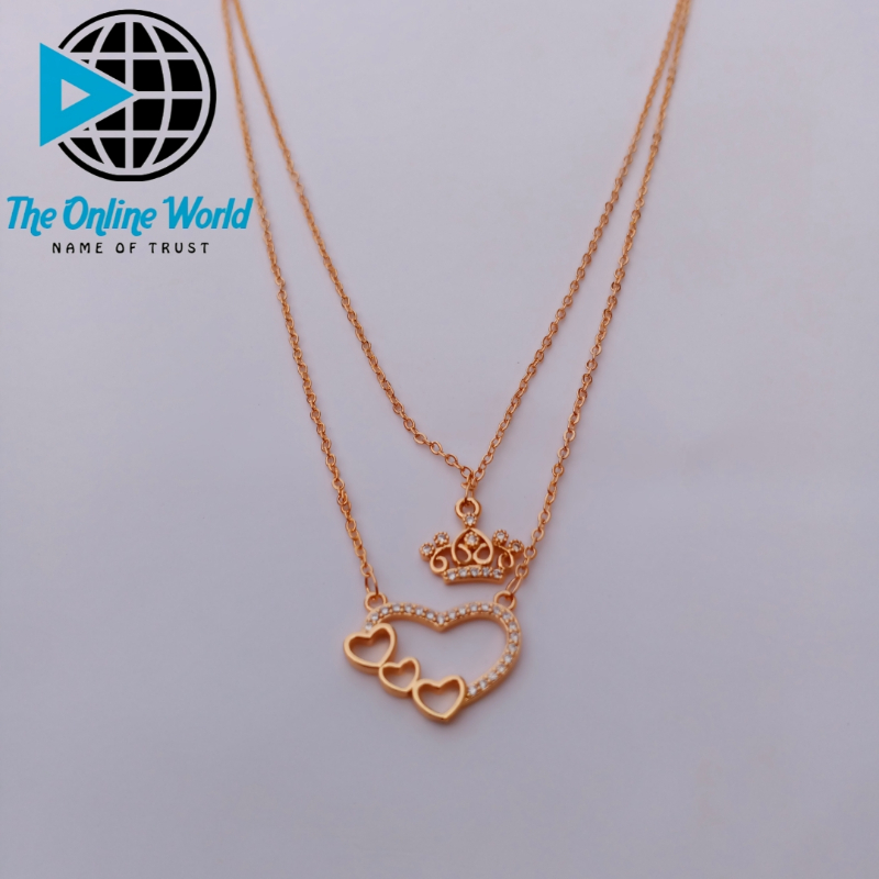 Double Layer Chain Golden Heart Necklace For Girls & Women. Zircon Fitted Faction Accessories.