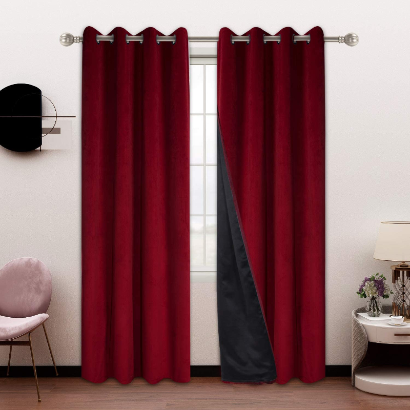 Plain Velvet Eyelet Curtains With black lining  - Maroon