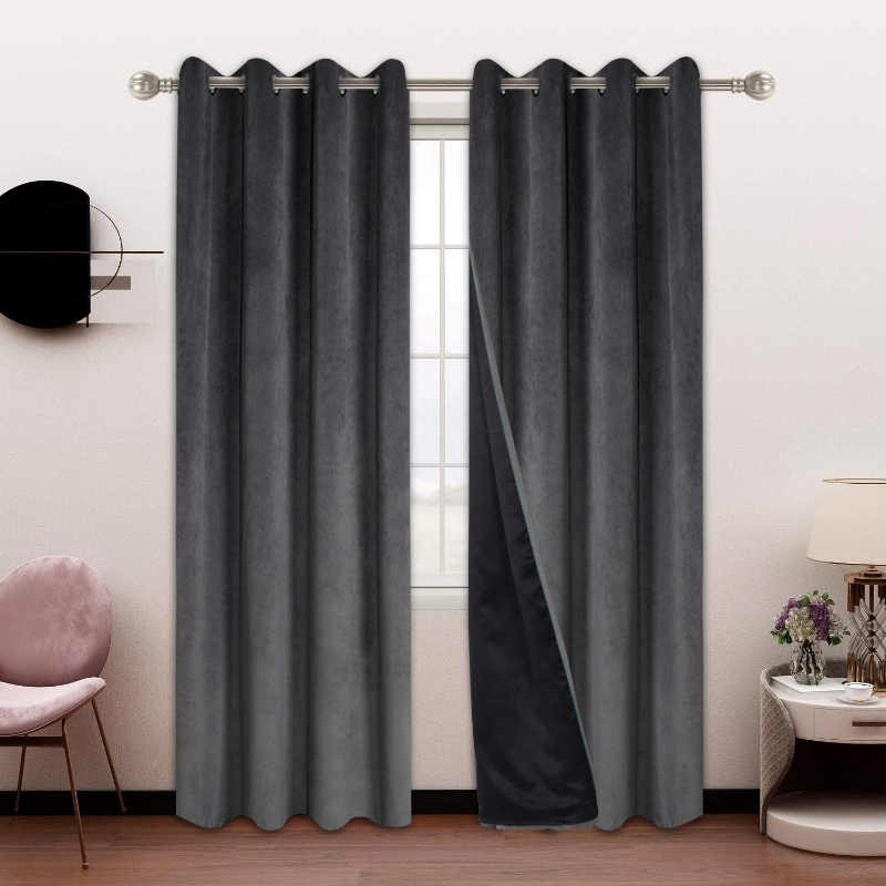 Plain Velvet Eyelet Curtains With black lining  - Charcoal Grey