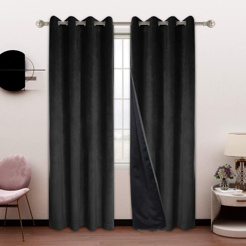 Plain Velvet Eyelet Curtains With black lining  - Black
