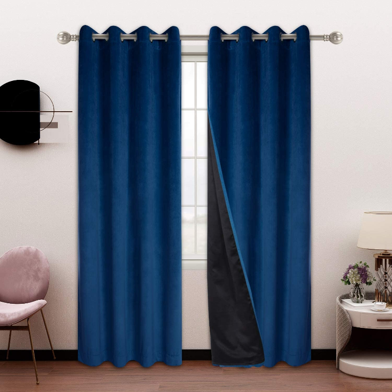 Plain Velvet Eyelet Curtains With black lining  - Navy blue