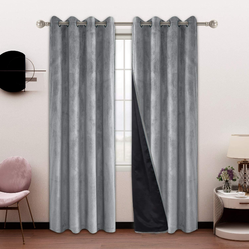Plain Velvet Eyelet Curtains With black lining  - Light grey