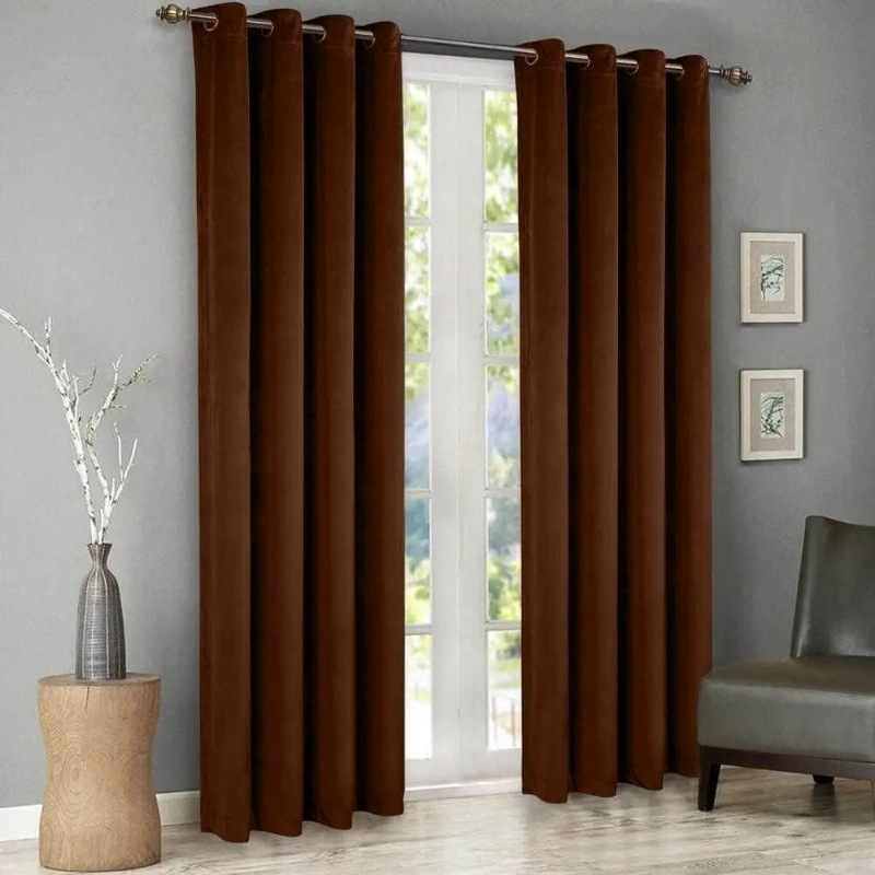 Luxury Plain Velvet Eyelet Curtains With linning- Brown