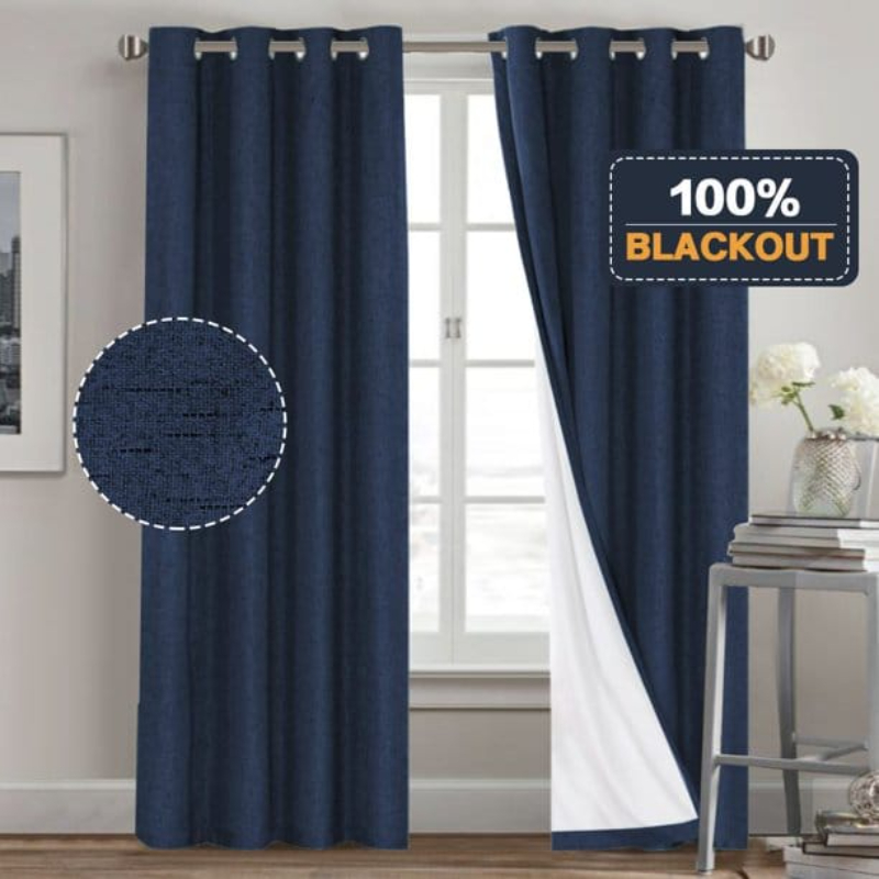 Pack of 2 Luxury Plain Jute Eyelet Curtains With linning - Navy blue