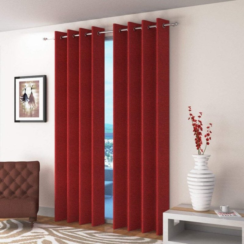 Pack of 2 Luxury Plain Jute Eyelet Curtains With linning - Maroon