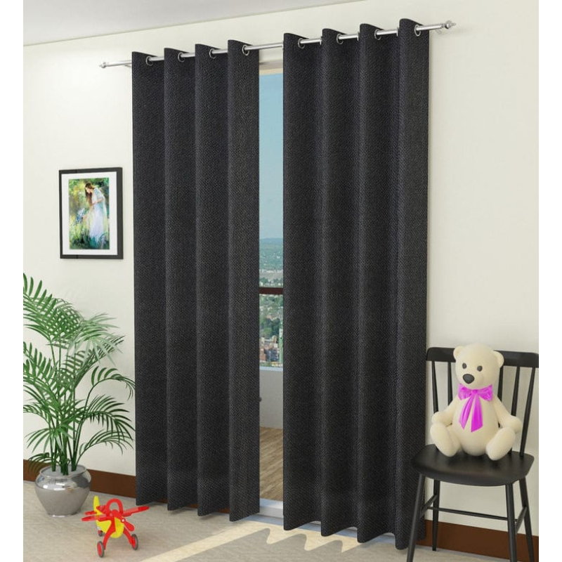 Pack of 2 Luxury Plain Jute Eyelet Curtains With linning - Black