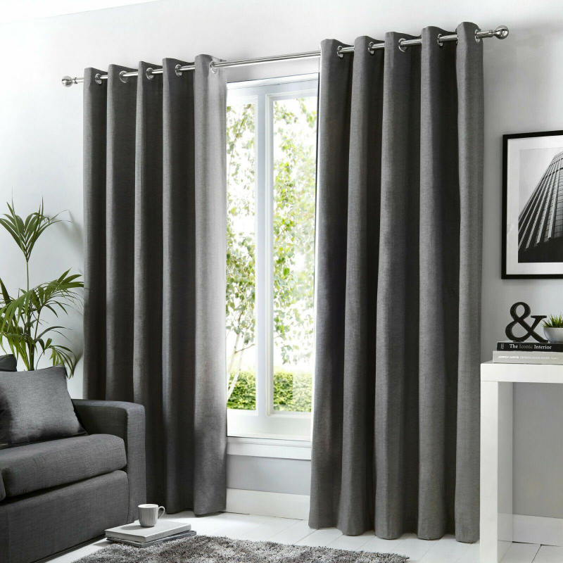 Pack of 2 Plain Dyed Eyelet Curtains with linning - Charcoal Grey