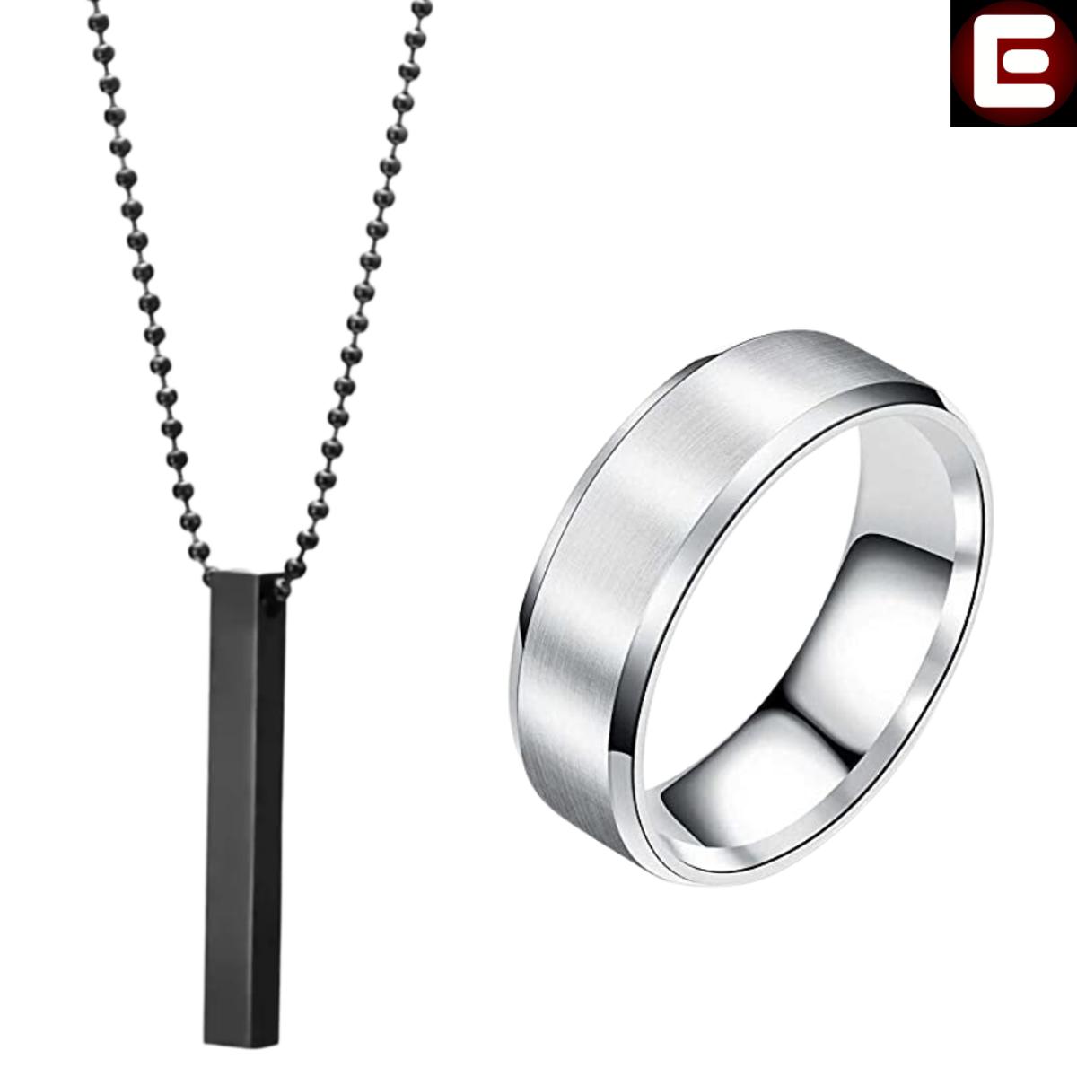 EMPIRON PACK OF 2 STAINLESS SILVER BAR NECKLACE + STAINLESS STEEL RINGS FOR BOYS / FOR MEN