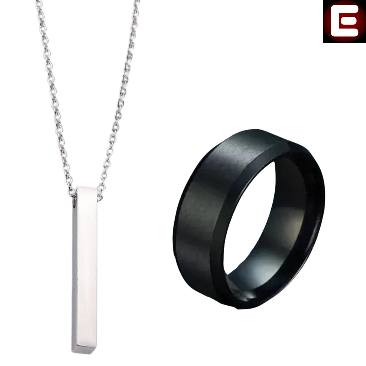 EMPIRON PACK OF 2 STAINLESS SILVER BAR NECKLACE + STAINLESS STEEL RINGS FOR BOYS / FOR MEN