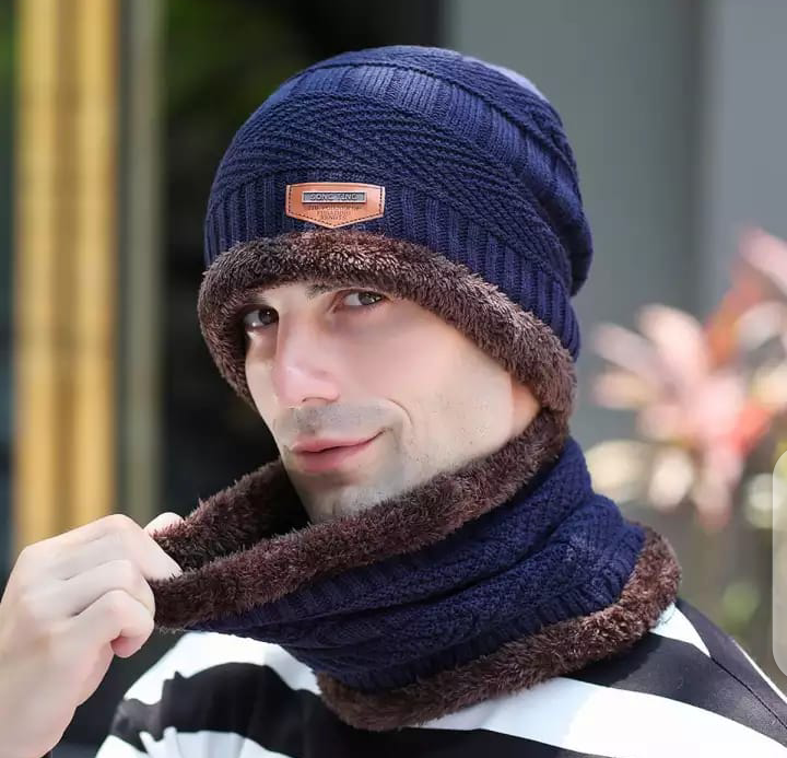 Winter Knit Beanie Hat Neck Warmer Scarf Set 2 Pcs Fleece Lined Skull Cap for Men Women